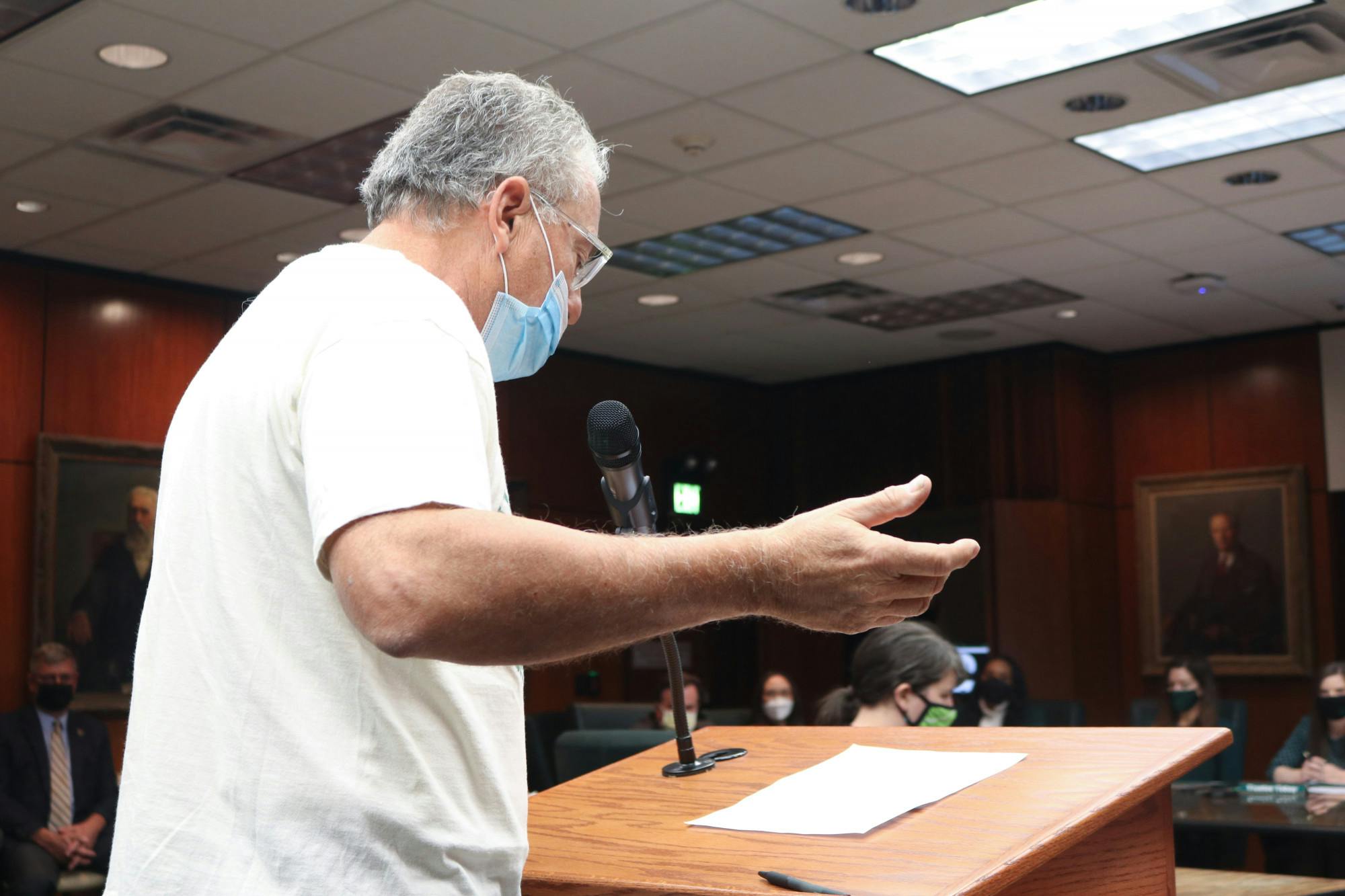 <p>MSU Alumnus David Martin addresses the board with concerns about racism on campus.</p>