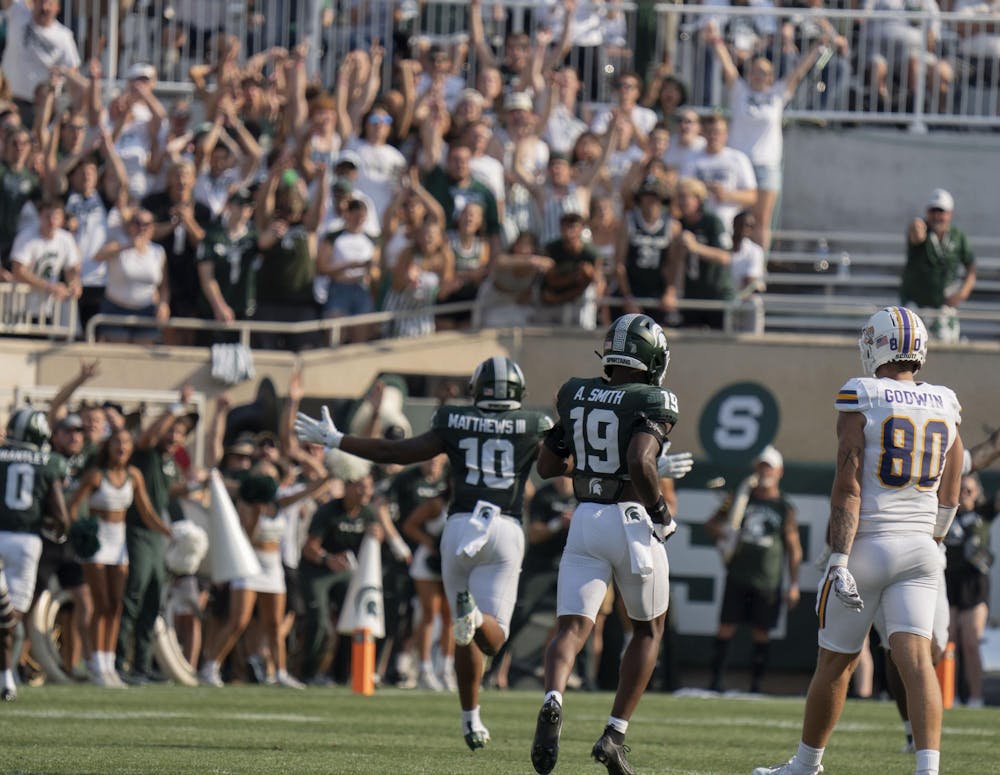 <p>Michigan State University players and fans celebrate after MSU scores a touchdown during the MSU vs Prairie View football game on Sept. 14, 2024.</p>