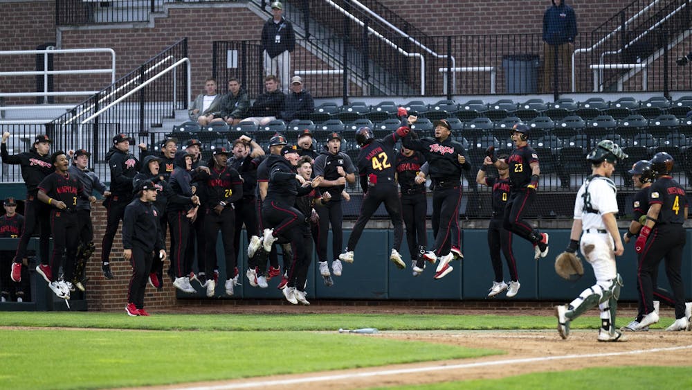 <p>The Maryland baseball team celebrates at Jeff Ishbia Field at McLane Baseball Stadium in East Lansing, Mich., on Friday, April 24, 2026. </p>