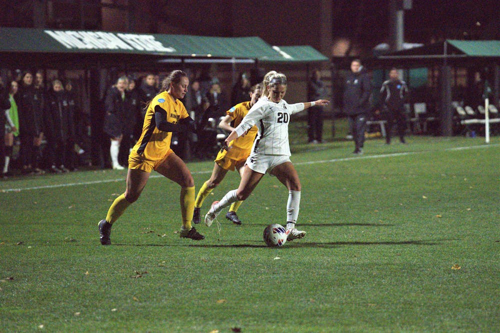 <p>Spartan Midfielder Zivana Labovic pushes through the opposing defense during the matchup versus the Panthers on Nov. 11, 2022. The Spartans won the playoff game 3-2 in double overtime. </p>