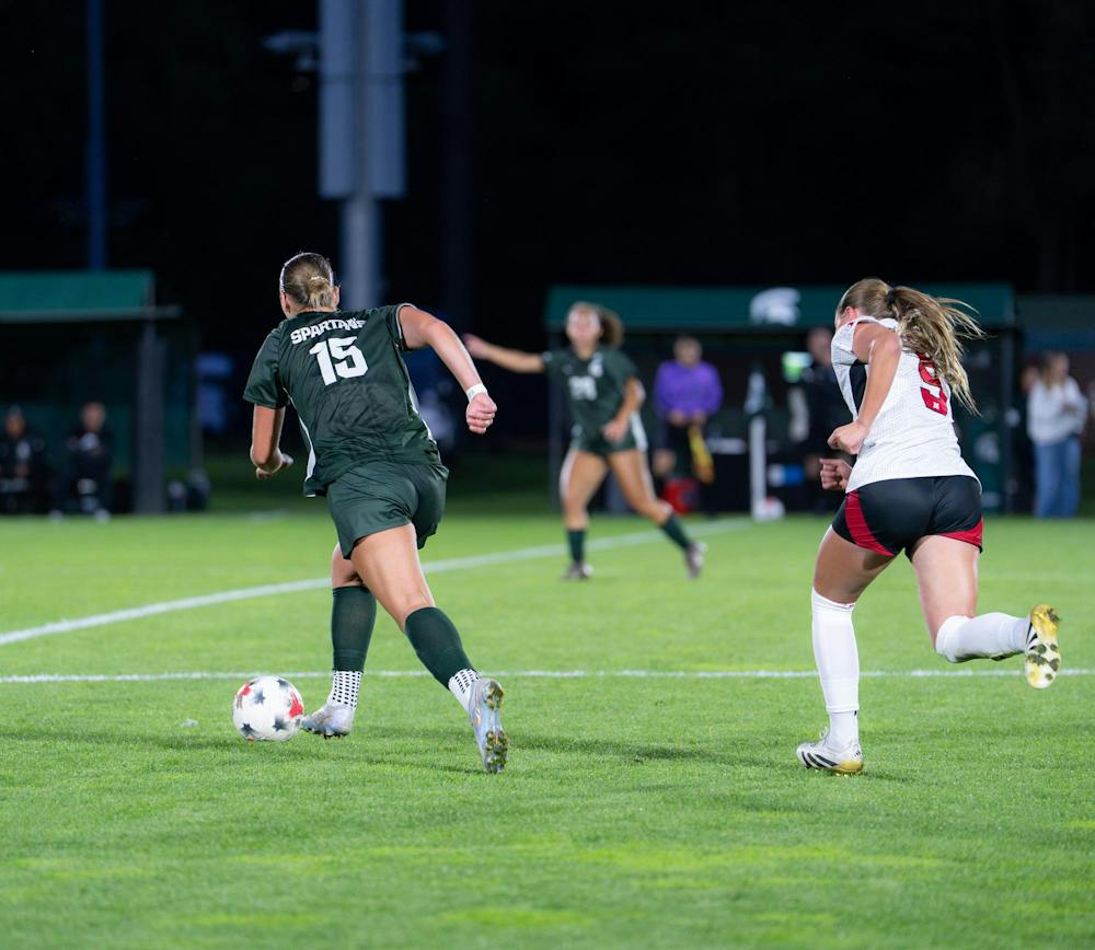 <p>Michigan State junior defender, Julia Belli (15) dribbles the ball up the field as a Nebraska player chases her down at DeMartin Stadium, in East Lansing, Mich., on Thursday, Sept. 24, 2026.</p>