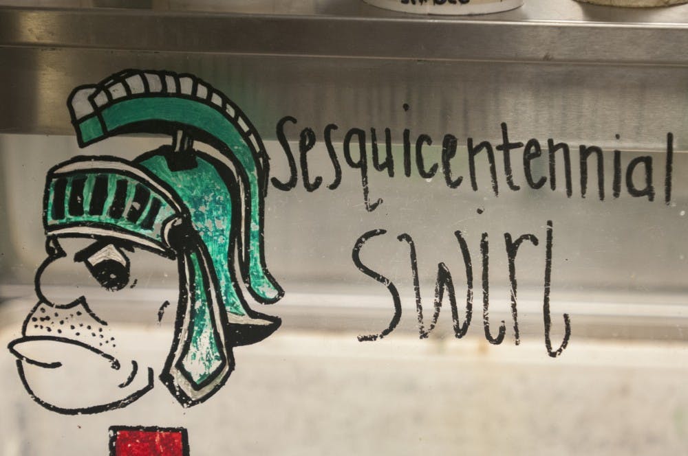 The sign for Sesquicentennial Swirl ice cream pictured on Sept. 7, 2016 at the Dairy Store. 