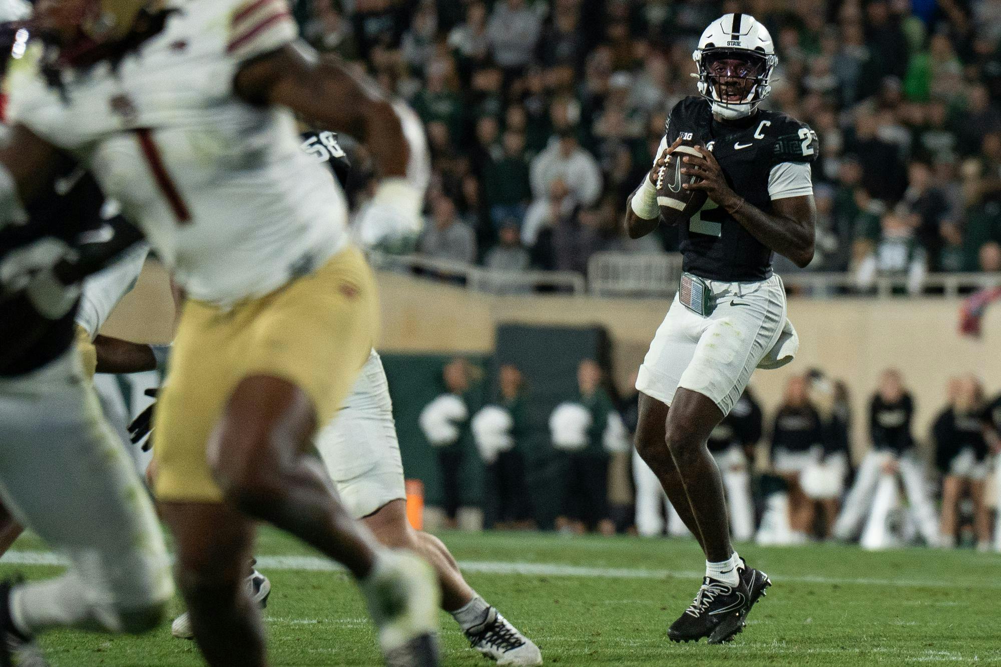 <p>Spartans quarterback Aidan Chiles (2) prepares to throw the ball during the Michigan State University versus Boston College football game at Spartan Stadium in East Lansing, Michigan, on Sept. 6, 2025.</p>