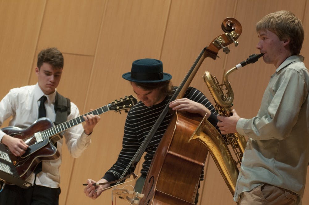 Musicians play together during "Tales About Home" on Nov. 13, 2016 at Cook Recital Hall in the Music Building. The event featured speakers and musicians from around the world focusing on the issue of displaced persons. 