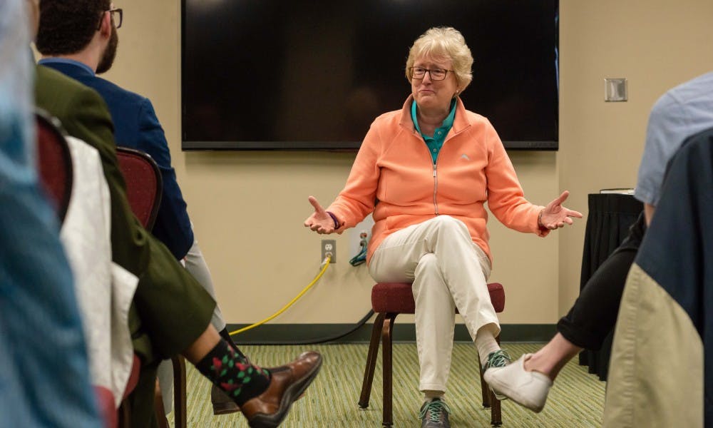 MSU trustee Nancy Schlichting speaks about her experiences as a member of the LGBTQ community at the MSU Union on April 10, 2019.
