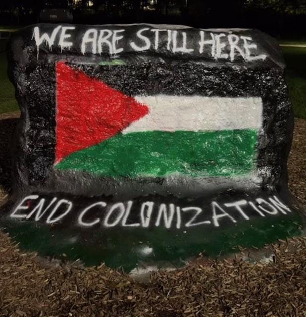 The Rock after being painted by Students United for Palestinian Rights around midnight, on Oct. 10. Photo courtesy of NAISO.