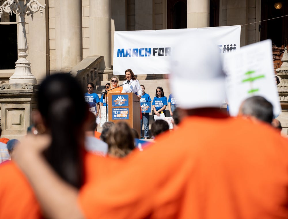 <p>Gov. Gretchen Whitmer speaks on the steps of the Michigan State Capitol for the &#x27;March For Our Lives&#x27; rally for gun control on June 11, 2022.</p>