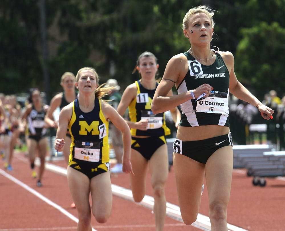 <p>Senior Leah O'Connor nears the finish line of the women's 5,000 meter race competition at the Big Ten Conference Championships May 17th, 2015 at Ralph Young Field. Wyatt Giangrande/ State News</p>