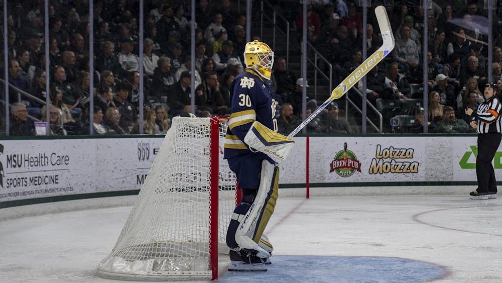<p>Notre Dame goaltender Owen Say (30) waits for the period to start at Munn Ice Arena on Nov. 15, 2024. Michigan State took the win 8-3.</p>