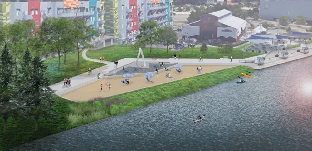 A rendered view looking southeast at plans for a Rotary Park beach in Downtown Lansing. Courtesy of the Capital Region Community Foundation.