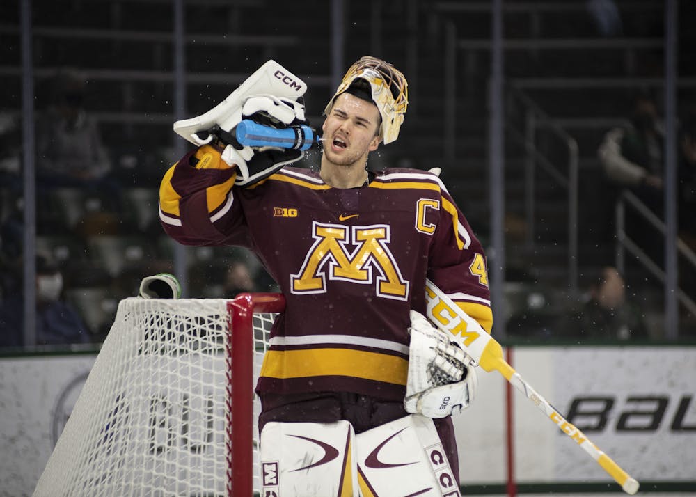 <p>Minnesota senior goaltender Jack LaFontaine (45) takes his chance at a break in the Spartans&#x27; match against the Golden Gophers at Munn Ice Arena on Friday, Jan. 7, 2022. </p>