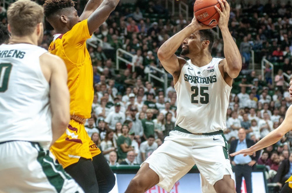 Red-shirt senior forward Kenny Goins (25) shoots the ball during the game against University of Louisiana-Monroe at Breslin Center on Nov. 14, 2018. The Spartans defeated the Warhawks, 80-59.