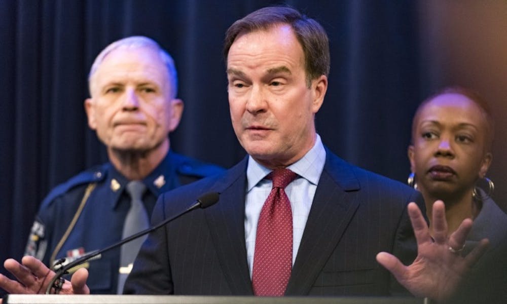 <p>Michigan Attorney General Bill Schuette speaks to the media during a press conference on Feb. 22, 2017 at the attorney general's office at 525 W. Ottawa St. in East Lansing.</p>
<p><strong>Sundeep Dhanjal | The State News</strong></p>
