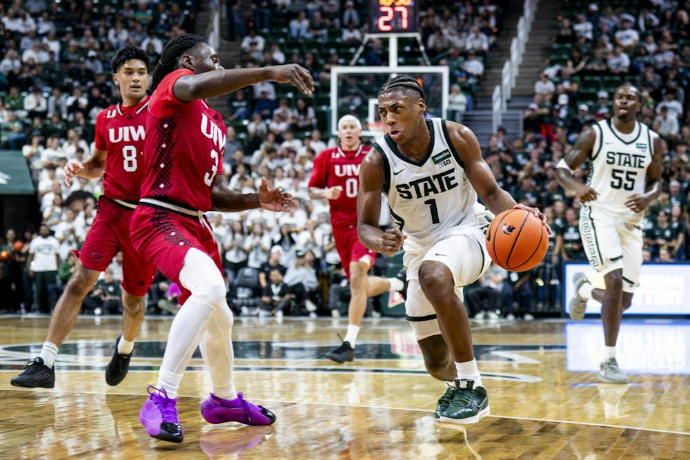 <p>Michigan State guard Jeremy Fears Jr. (1) drives down the court during the Michigan State vs. Incarnate Word men's basketball exhibition game at Breslin Center in East Lansing, Mich., on Friday, Oct. 2, 2026.</p>