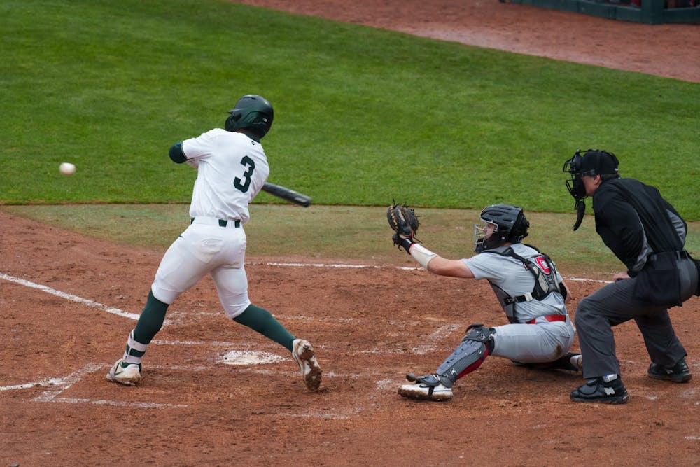 <p>Michigan State junior Zaid Walker hitting it down the middle against Youngtown State at McLane Baseball Stadium on March 30, 2022. Spartans are victorious 12-5 against Youngtown State.</p>