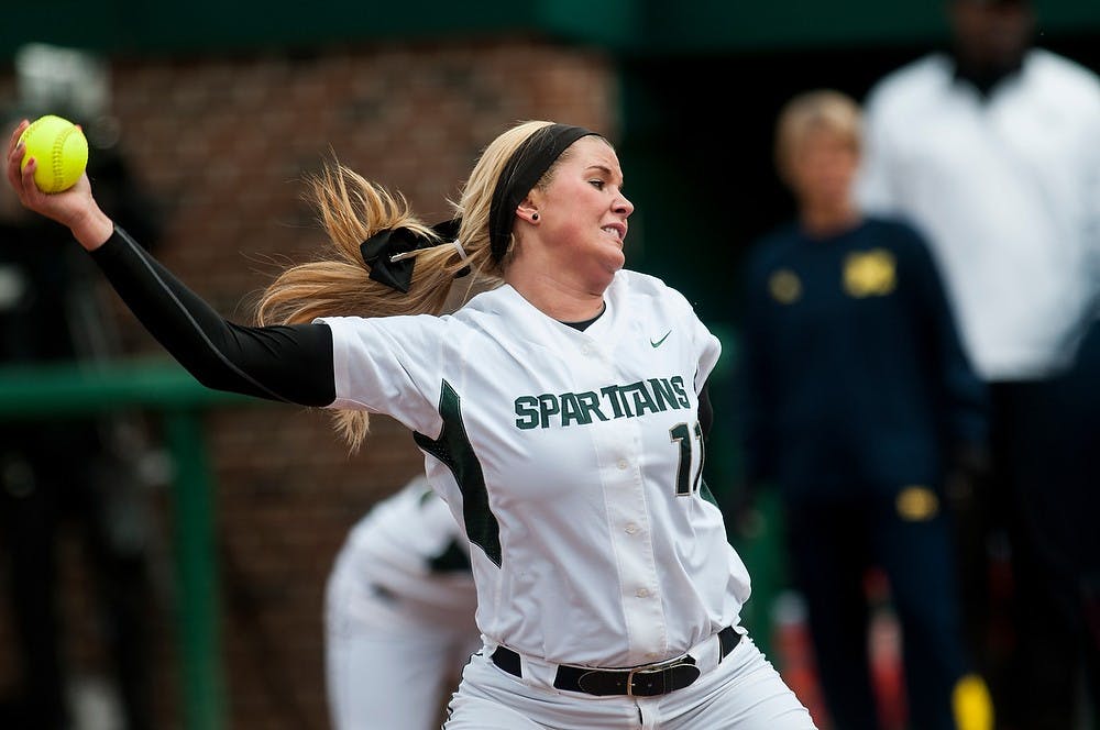 <p>Freshman pitcher Dani Goranson pitches the ball to a University of Michigan player during the game on Sunday, April 14, 2013, at Secchia Stadium at Old College Field.</p>