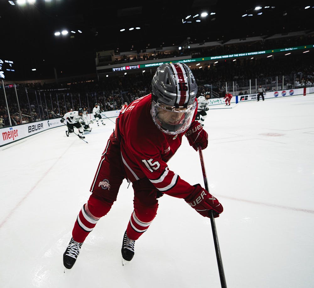 <p>OSU junior defenseman Max Montes (16) carries the puck at the Munn Ice Arena in East Lansing, MI, on Feb. 27, 2026.</p>