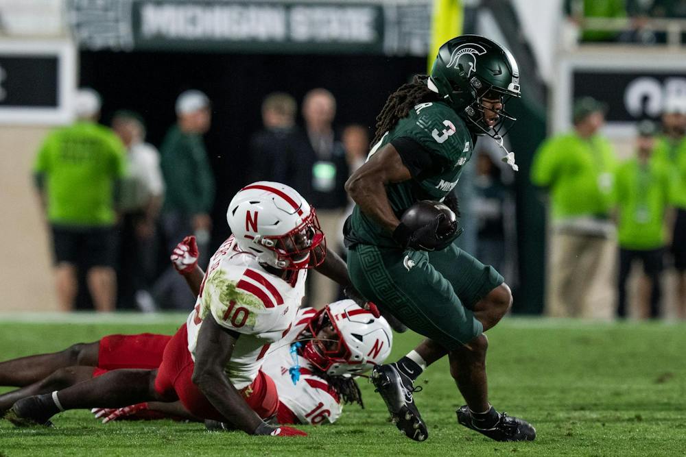 <p>Michigan State senior wide receiver Rodney Bullard Jr. (3) breaks free from a tackle during the Spartans’ game against Nebraska at Spartan Stadium in East Lansing, Mich., on Saturday, Sept. 26, 2026.</p>
