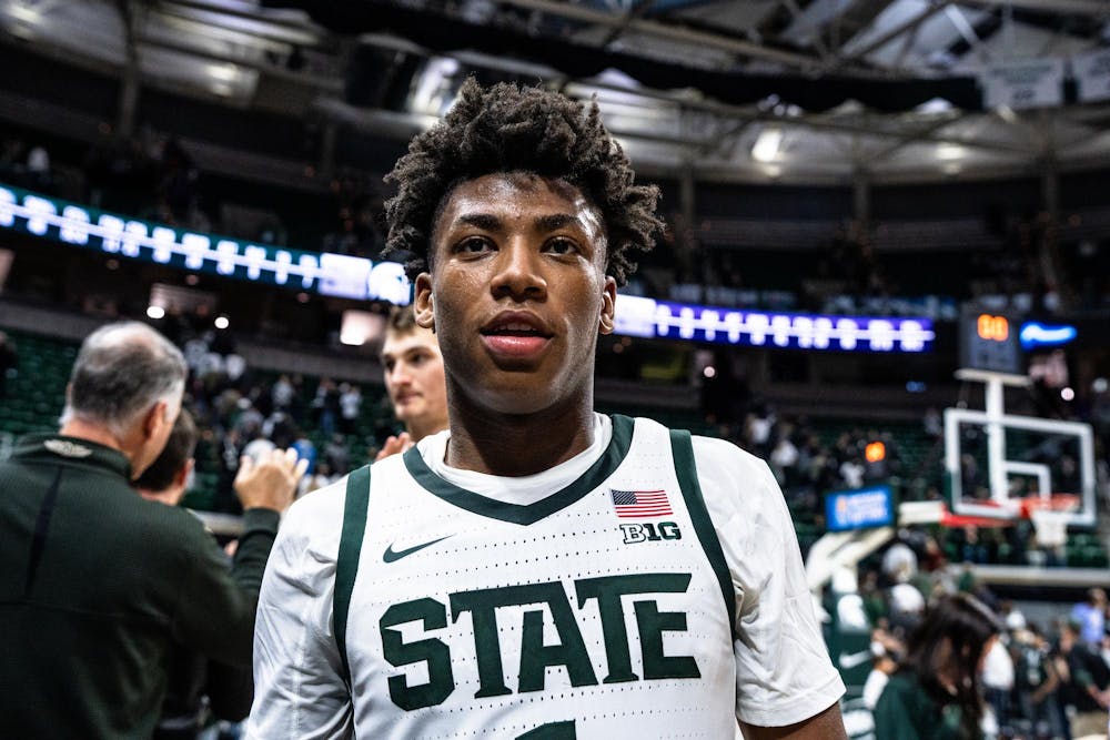 <p>Michigan State University freshman guard Jeremy Fears Jr. (1) walking out after the game against Alcorn State University at the Breslin Center on Nov. 19, 2023.</p>
