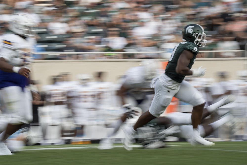 <p>MSU sophomore defensive line Jalen Thompson (9) runs to avoid being tackled by Prairie View players during the MSU versus Prairie View football game on Sept. 14, 2024.</p>