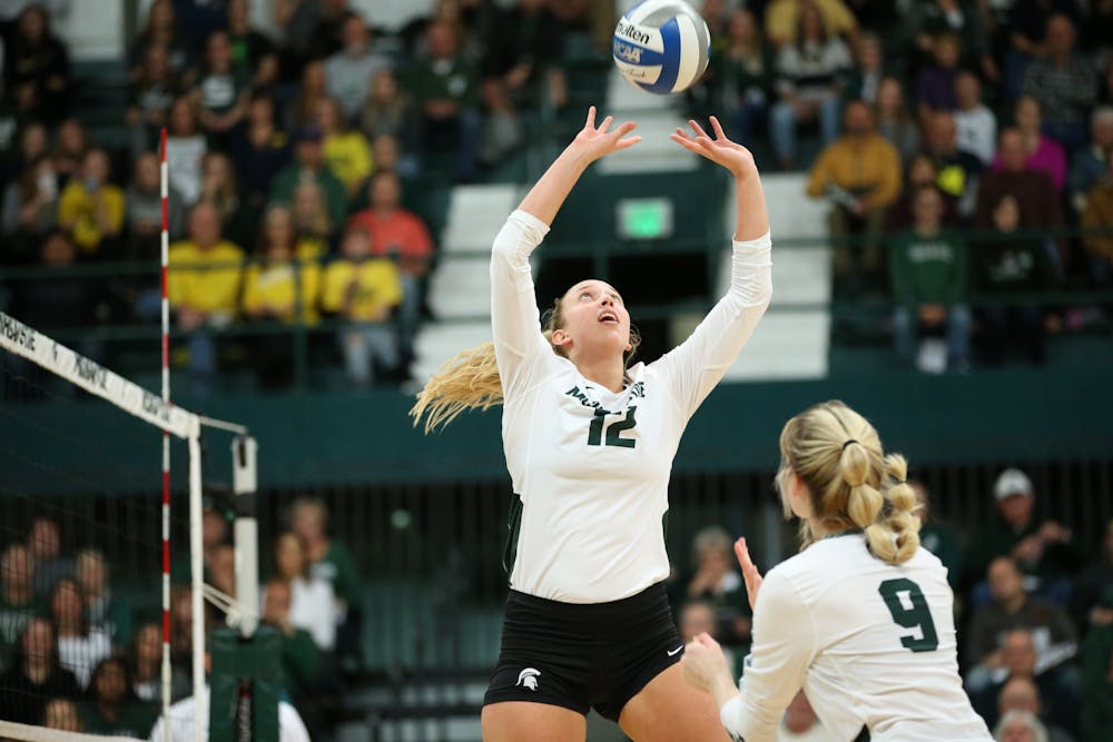 Junior Elena Shklyar at a match during the 2019 volleyball season. Photo courtesy of Michigan State Athletic Communications.