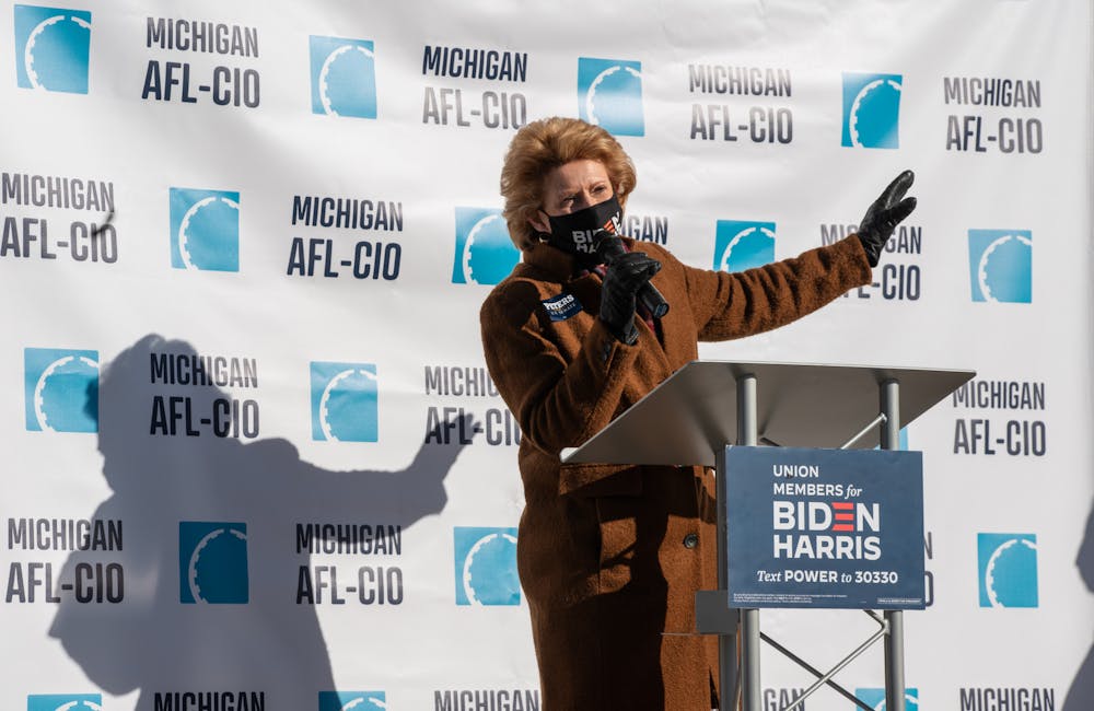 <p>Sen. Debbie Stabenow speaks at a canvass launch event in Lansing, Michigan, on Nov. 3, 2020.</p>