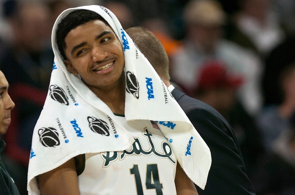 <p>Sophomore guard Gary Harris smiles towards the end of the game against Delaware on March 20, 2014, at Spokane Veterans Memoiral Arena in Spokane, Wash., during the Spartans' first game in the NCAA Tournament. MSU won, 93-78. Betsy Agosta/The State News</p>