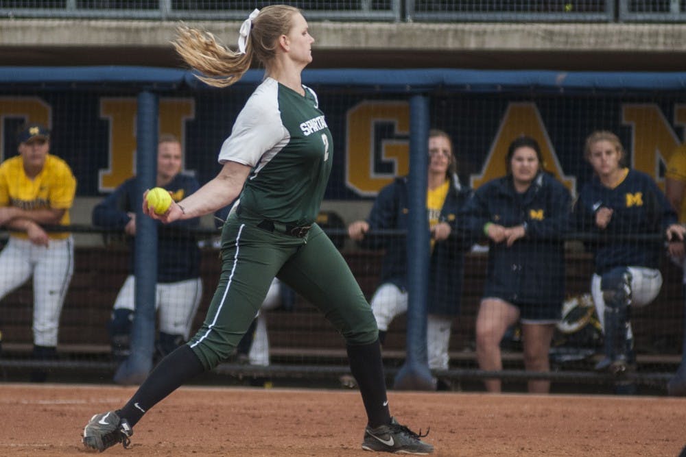 <p>Redshirt-junior pitcher Kristina Zalewski (2) pitches during the game against University of Michigan on April 18, 2017 at Wilpon Baseball and Softball Complex in Ann Arbor. The Spartans were defeated by the Wolverines, 3-1.</p>