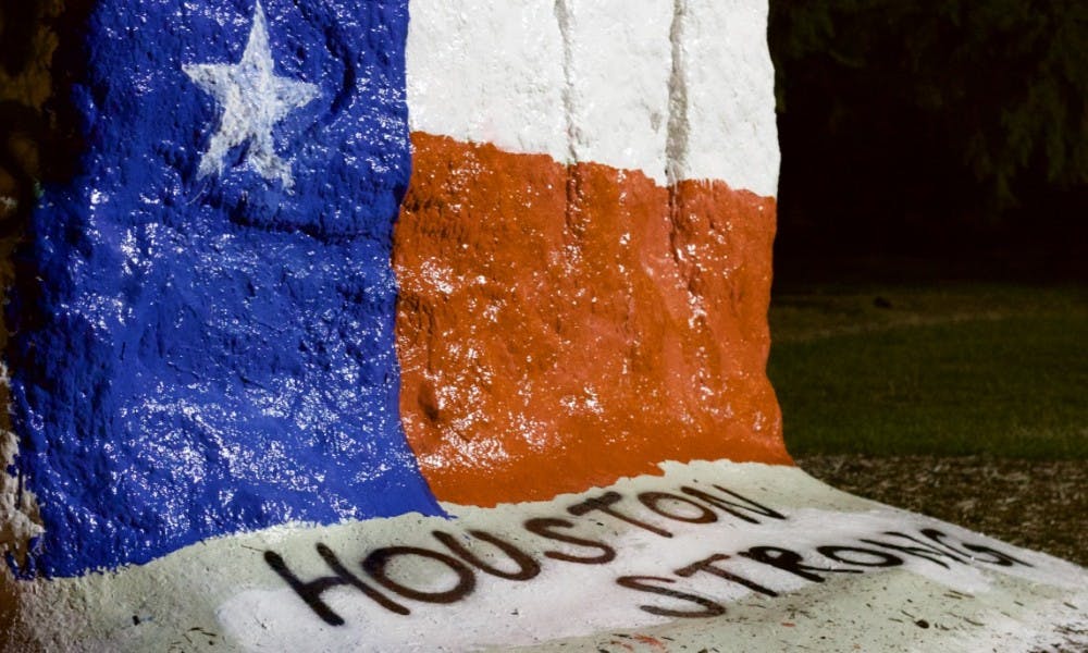 <p>Pictured on Aug. 30, 2017 in front of MSU Auditorium is the final result of the Rock after being painted in solidarity with victims of hurricane Harvey.&nbsp;</p>