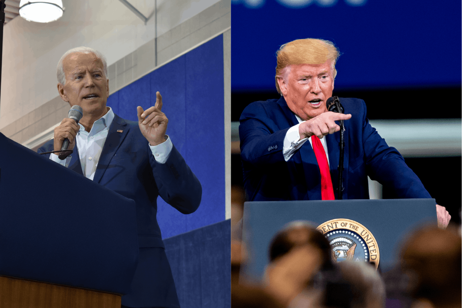 <p>Former Vice President Joe Biden speaks at a rally for Democratic congressional candidate Elissa Slotkin on Nov. 1, 2018 (left) and President Donald Trump gives remarks at Dana Incorporated in Warren, MI on Jan. 30, 2020 (right).</p>
