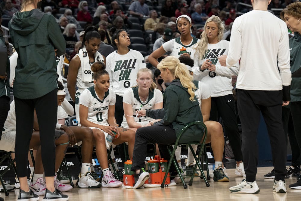 <p>Head Coach Suzy Merchant addresses the team during the Spartans first B1G matchup against the Purdue Boilermakers at Gainbridge Fieldhouse in Indianapolis. March 3, 2022.</p>