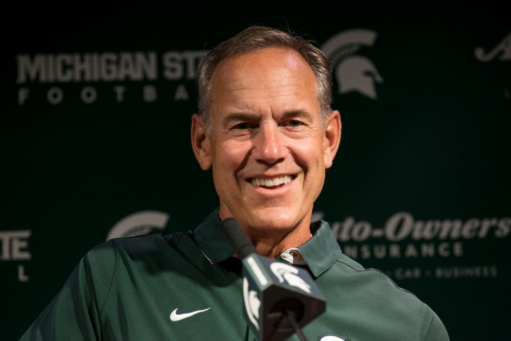 Head coach Mark Dantonio smiles after responding to a question from the media during Media Day on Aug. 8, 2016 at Spartan Stadium. Media Day allowed for the media to converse with the team's coaches and players.