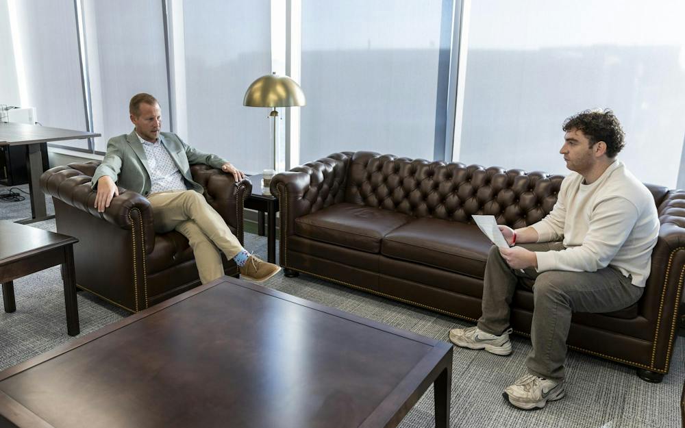 <p>Michigan State athletic director Dan Bartholomae speaks with The State News reporter Jason Benedek during an interview in his office in East Lansing, Mich., on Wednesday, Oct. 7, 2026.</p>