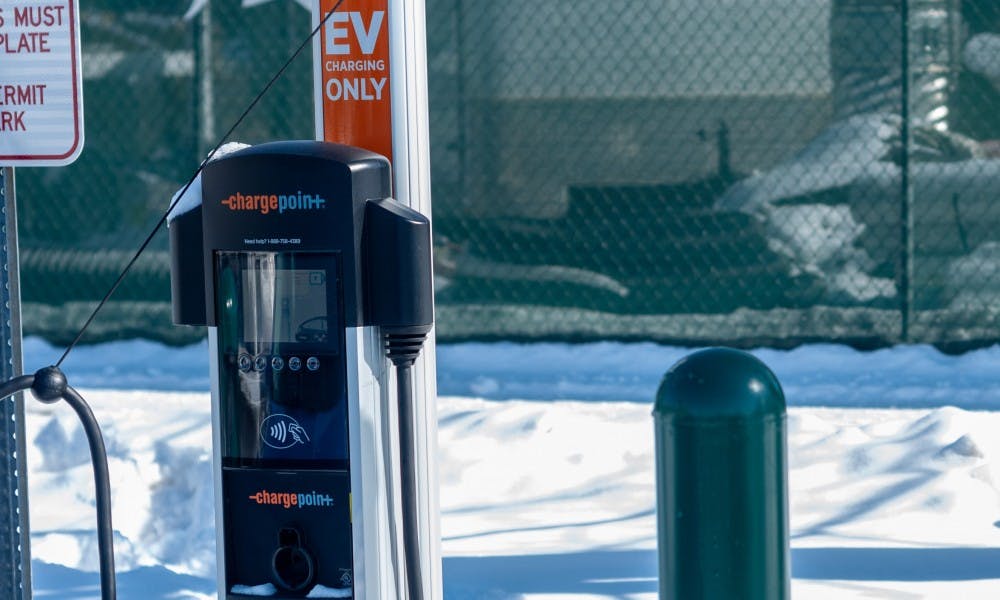 Two new electric vehicle charging stations in the south lot of Spartan Stadium.