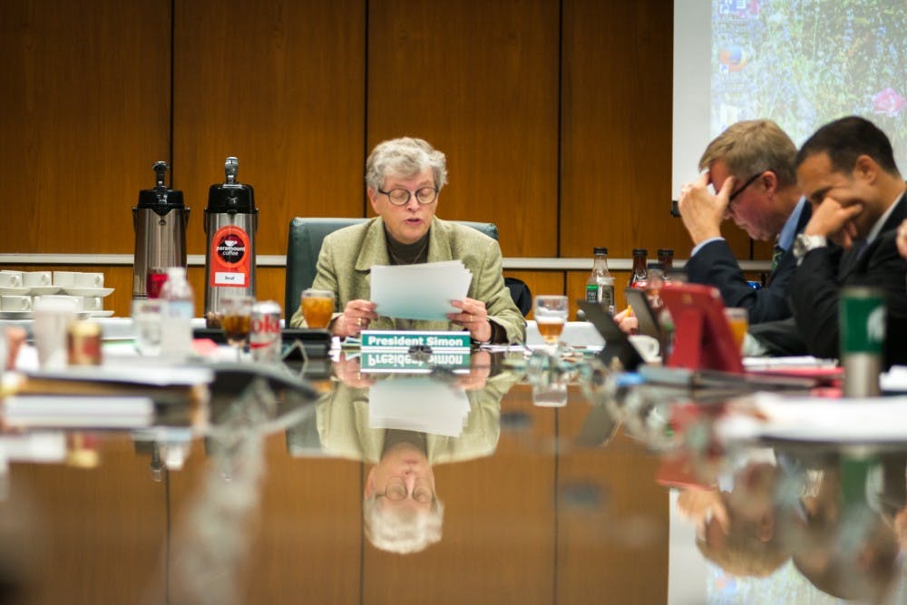 <p>Former President Lou Anna K. Simon speaks during the Board of Trustees meeting on June 6, 2017, at the Hannah Administration Building. The board discussed tuition, budget and facility renovations.</p>