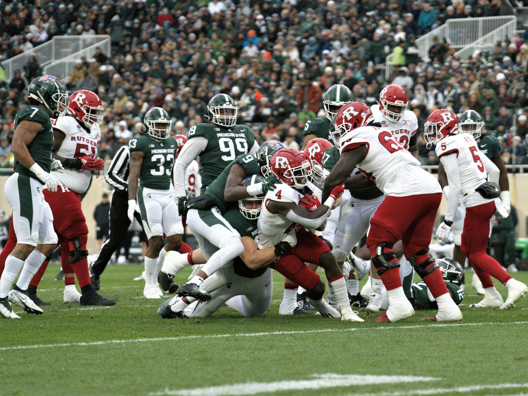 <p>Spartan defense blocks a Rutgers offensive drive down the field during the match on Nov. 12, 2022. ﻿</p>