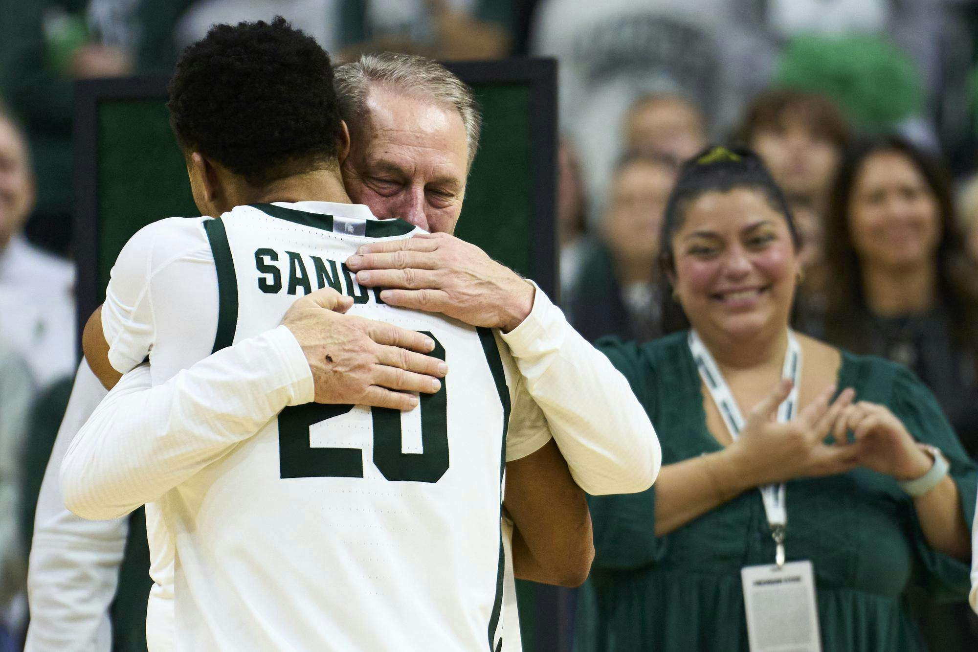 <p>Michigan State head coach Tom Izzo hugs Michigan State Spartans guard Nick Sanders (20) during the senior night ceremony following a men’s basketball game against the Rutgers Scarlet Knights at the Breslin Center at Michigan State University in East Lansing, Mich., on Thursday, March 5, 2026.</p>