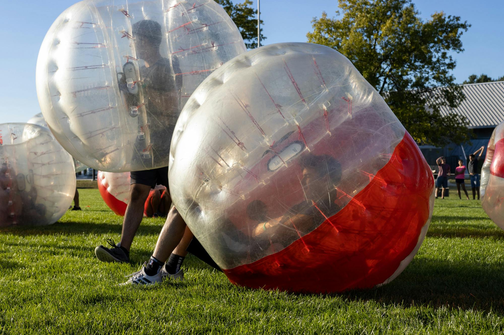 <p>MSU students playing bubble soccer/knocker ball at Munn Field. The event was put on by the University Activities Board, or UAB on Sept. 16, 2021.</p>