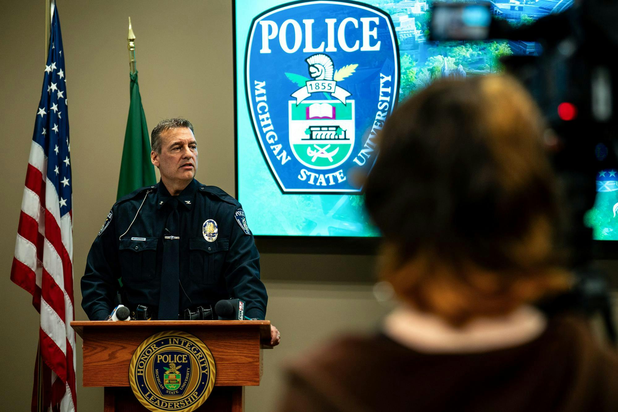 <p>Michigan State University Police Chief Mike Yankowski speaks during a press conference at the Department of Police and Public Safety headquarters on campus in East Lansing, Mich., on Wednesday, April 29, 2026, where officials said Wells Hall will remain closed through May 1 after alleged criminal activity, including operating a methamphetamine lab, led to property damage and charges against a suspect.</p>
