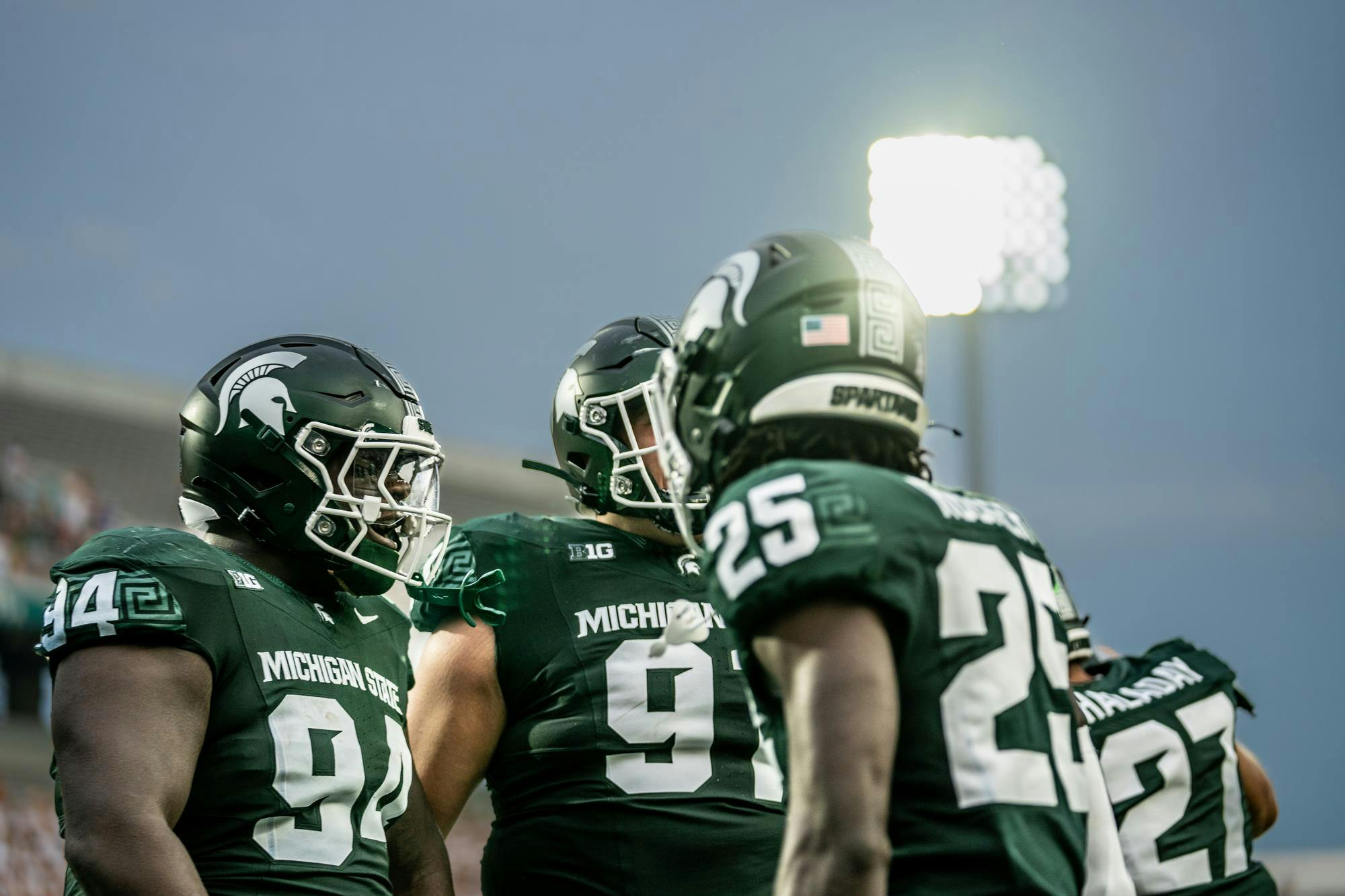 <p>MSU defensive lineman D’Quan Douse (94) hypes up teammates during the first game of the season against Florida Atlantic on Aug. 30, 2024.</p>