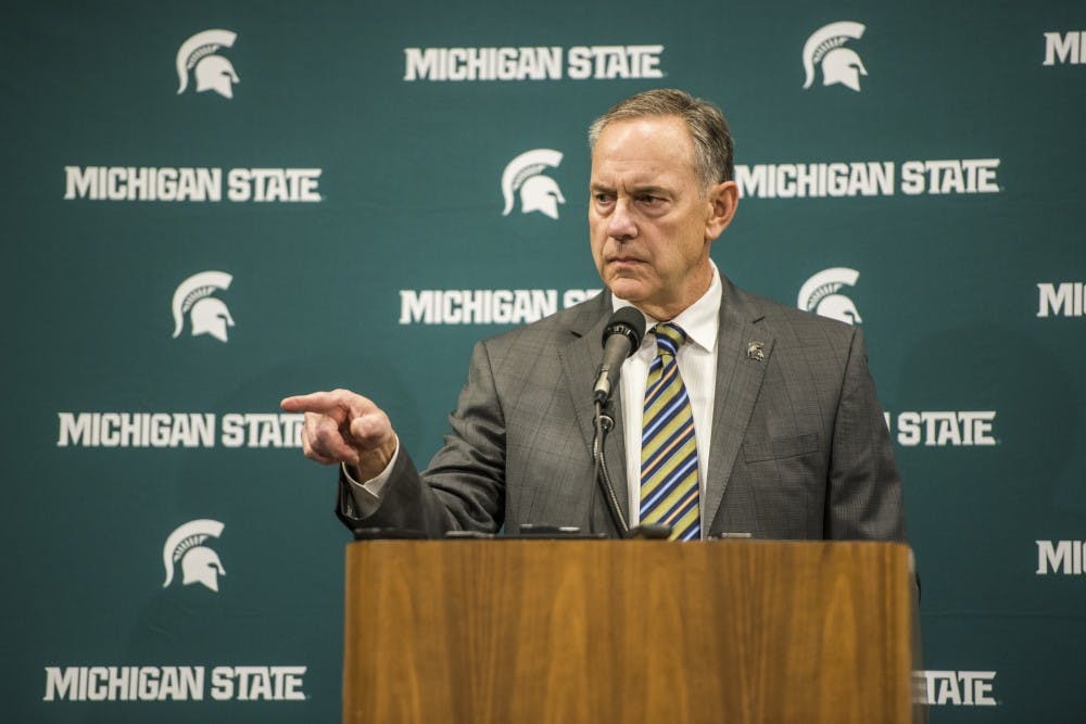 MSU football head coach Mark Dantonio addresses the media before the men's basketball game against Wisconsin on Jan. 26, 2018 at Breslin Center. (Nic Antaya | The State News)