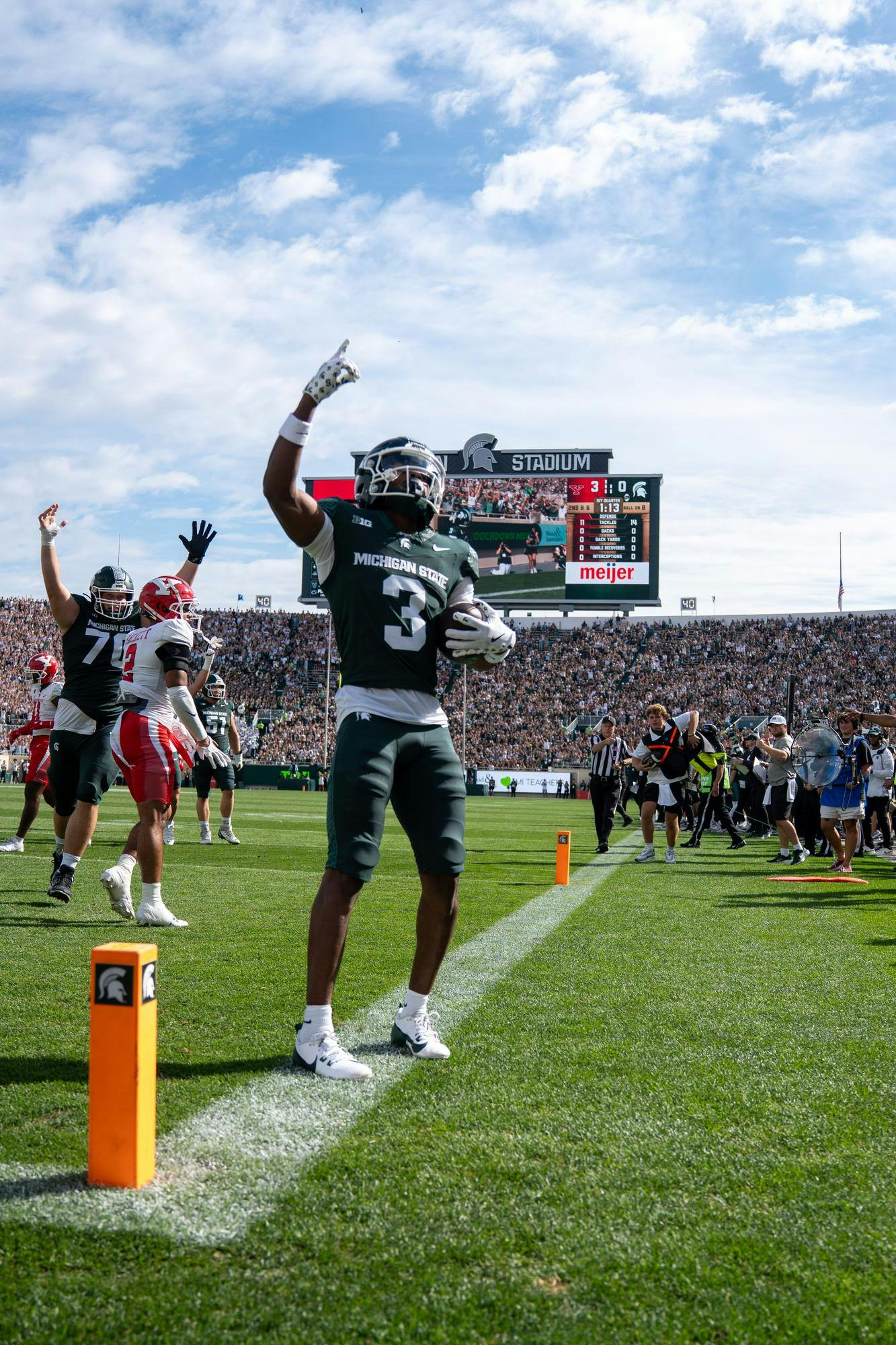 <p>MSU redshirt senior Rodney Bullard Jr. (3) celebrates after scoring a touchdown during the matchup against Youngstown State at Spartan Stadium in East Lansing, Michigan on Sept. 13, 2025.</p>
