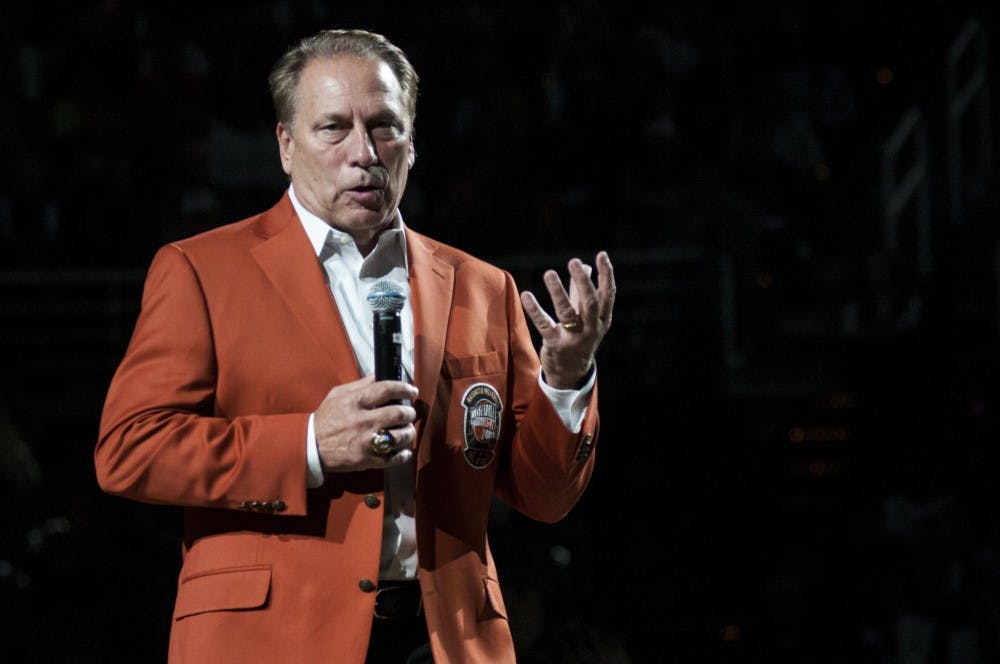 Men's basketball head coach Tom Izzo gives a speech during Michigan State Madness on Oct. 14, 2016 at Breslin Center. Izzo has been the men's basketball head coach at MSU since 1995.