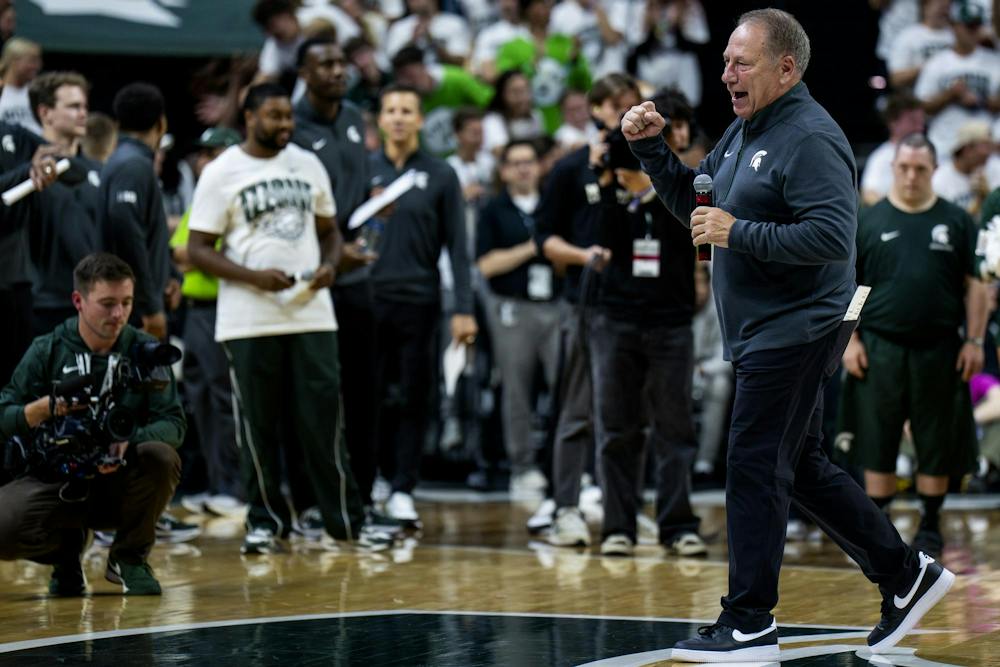 <p>Michigan State Spartans Head Coach Tom Izzo celebrates after the Michigan State vs. Incarnate Word men's basketball exhibition game at Breslin Center in East Lansing, Mich., on Friday, Oct. 2, 2026.</p>