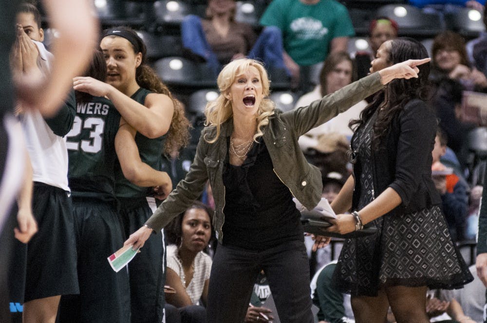 Head coach Suzy Merchant reacts to a call during the Big Ten Women’s Basketball Tournament championship game against the University of Maryland on March 6, 2016 at Bankers Life Fieldhouse in Indianapolis. The Spartans were defeated by the Terrapins, 60-44. 