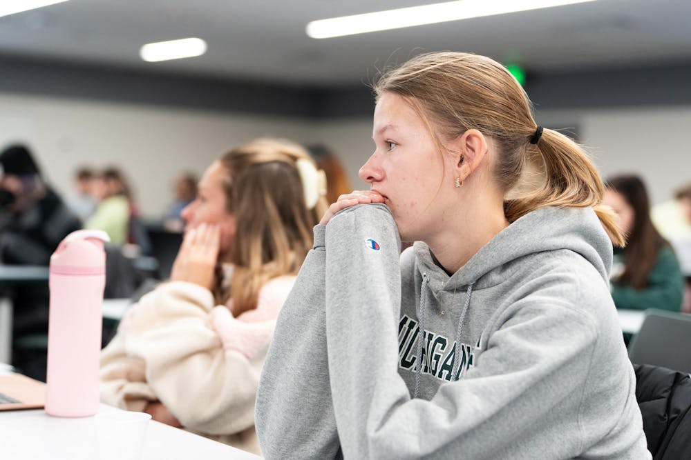 <p>General Assembly Members observe the ASMSU Board speak at the International Center in East Lansing, Michigan, on Jan. 22nd, 2026.</p>