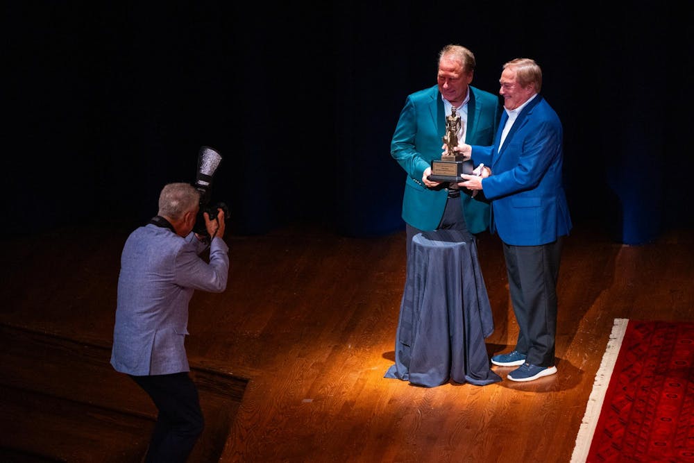 MSU Men's Bsketball head coach Tom Izzo (left) accepts the Spartan Statesmanship Award from former Michigan governor Jim Blanchard (right) at the Wharton Center on Sep. 24, 2024.