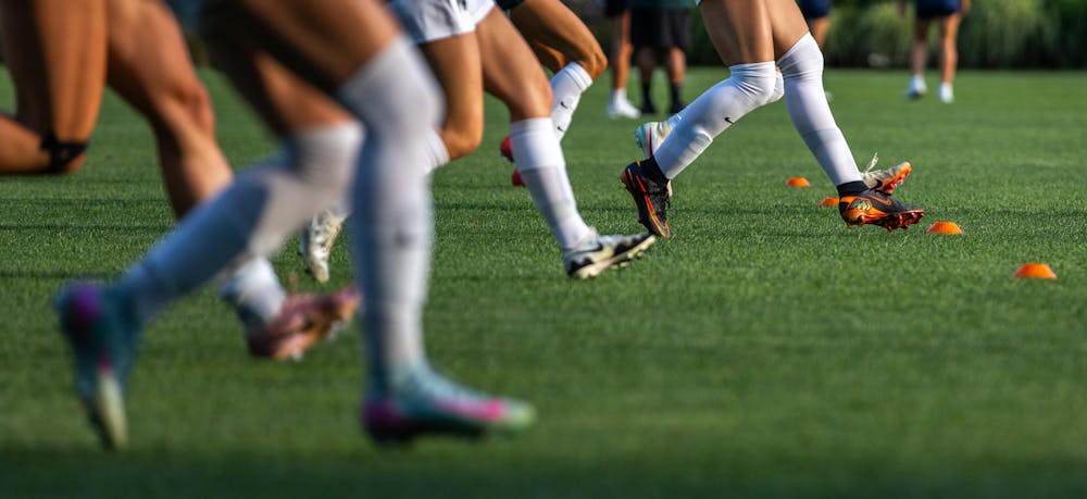 <p>The Michigan State women's soccer team warms up before their season opening game at DeMartin Stadium in East Lansing, Mich., on Aug. 12, 2026.</p>