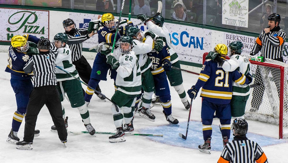 Another fight broke out in the third period after Notre Dame almost scored for the third time. The Fighting Irish shutout the Spartans 2-0 on Feb. 27, 2021.