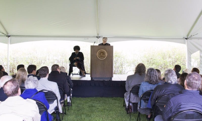 <p>President Lou Anna K. Simon speaks during the student memorial tribute on April 21, 2017 behind the Student Services building. The memorial is held every year to commemorate the MSU students who lost their lives throughout the academic year. Fifteen students died this year.</p>